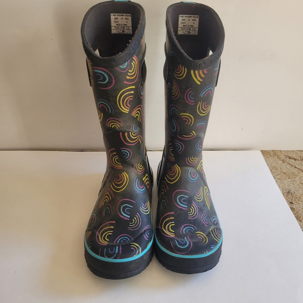 Bogs Rain Boots Youth 1 Black Wild Rainbow Waterproof Pull On - Picture 4 of 9